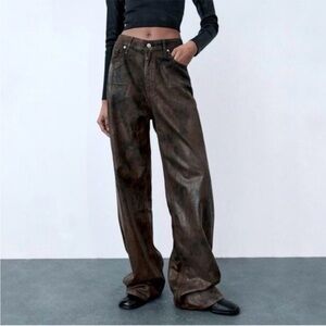 Zara dark Brown/black splotch loose fit foil jeans Sz 4.